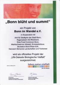 Urkunde Bonn blüht und summt UN Dekade Biologische Vielfalt